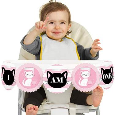 Imagem de Big Dot of Happiness — Gato gatinho com perfeição Purr-perfeita para decoração de cadeira de aniversário de 1 ano — I Am One — Banner de cadeira alta para primeiro aniversário