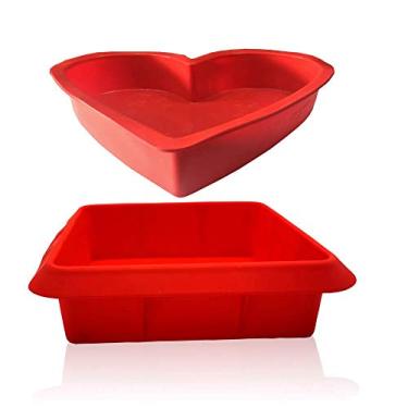 Imagem de Forma de brownie para assar bolo de coração de silicone 24 cm + assadeira quadrada de silicone de 20 cm, assadeira profunda para lasanha e caçarola, antiaderente, fácil de torta de pão conjunto de 2 moldes vermelhos