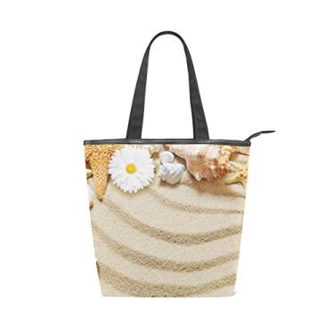Imagem de Bolsa feminina durável de lona com concha marítima areia grande capacidade sacola de compras bolsa de ombro