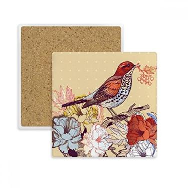 Imagem de Porta-copos com flores de galhos de pássaros e porta-copos quadrados, suporte de subplaca para caneca