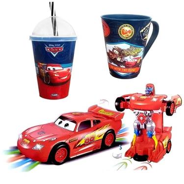 Imagem de kit Carrinho que vira Robô Transforme Brinquedo Infantil com Copo e Caneca do Carros Relâmpago McQueen