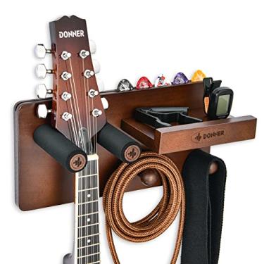 Imagem de Donner Suporte de parede para guitarra, prateleira de suporte de parede de madeira para guitarra, suporte multifuncional com suporte de palhetas e 2 ganchos para guitarra e acessórios