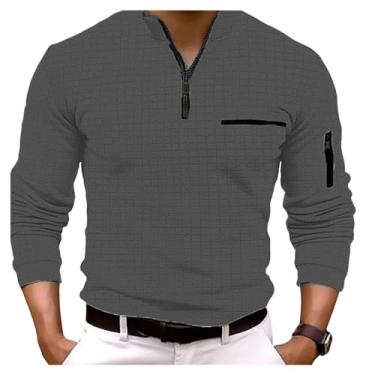 Imagem de Camisa polo masculina estampa xadrez cor sólida pulôver zíper bolso gola alta camisa clássica, Cinza escuro, G