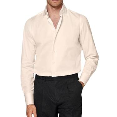 Imagem de EOUOSS Camisas sociais masculinas elásticas e justas de manga comprida, camisas sociais casuais formais de botão, Bege, P