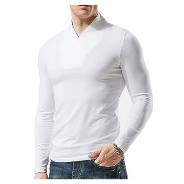 Imagem de Camiseta masculina de manga comprida com absorção de umidade, cor sólida, gola cruzada, camiseta skinny, Branco, P