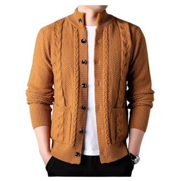 Imagem de Cardigã masculino de malha canelada suéter de malha com bolso cor sólida manga longa casual, Laranja, 3G