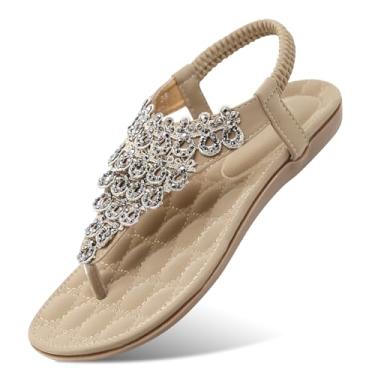 Imagem de Cozystep Sandálias femininas de strass com contas em T sandálias boêmias respiráveis elegantes sapatos de verão ao ar livre, 779 bege, 8.5