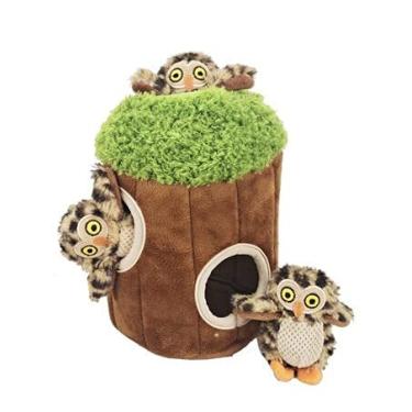 Imagem de Glow Pups Brinquedo de esconde-esconde para cães, brinquedo interativo para cães toca com barulho, coruja de pelúcia na árvore para cães pequenos, promove estimulação mental, estilo floresta, marrom