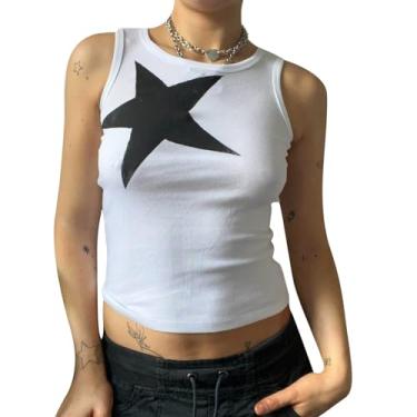 Imagem de Camiseta vintage Y2k com estampa de estrelas, sem mangas, canelada, sem mangas, gola redonda, estampa de estrelas, colete emagrecedor, Branco, M