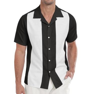 Imagem de Askdeer Camisas masculinas de linho vintage camisa de boliche manga curta camisa de praia Cuba casual verão camisa de botão, A02 preto e branco, XX-Large