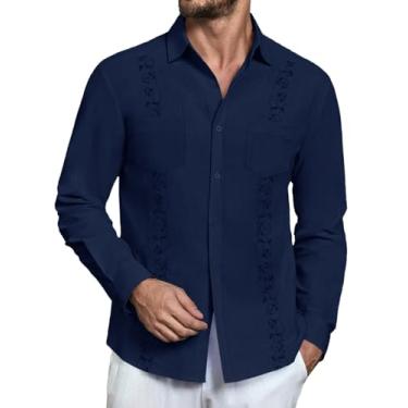 Imagem de Makkrom Camiseta masculina Guayabera de linho, com botões, manga comprida, acampamento cubano, verão, praia, casual, camiseta, Azul marino, XXG
