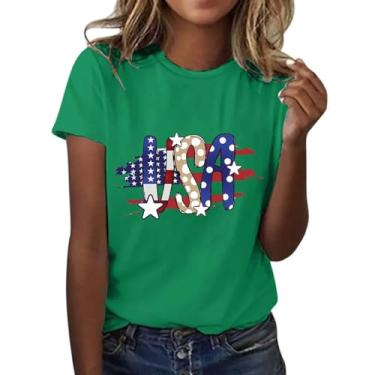 Imagem de Camisetas femininas de 4 de julho com listras de estrelas fofas com bandeira dos EUA, camiseta patriótica de manga curta, Verde, GG