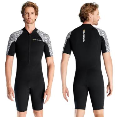 Imagem de Skyone Roupa de mergulho feminina, masculina, neoprene de 3 mm, manga curta, zíper frontal, proteção UV, maiô térmico, peça única, para natação, caiaque, snorkeling, canoagem (homens pretos, GG)