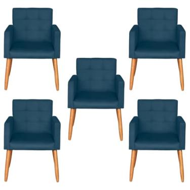 Imagem de Kit 5 Poltronas Decorativa para Sala de Estar Recepção Sala de Espera estofada pés palito madeira MOBLAN Decor (Azul Marinho)