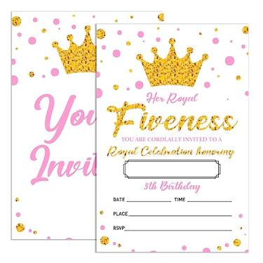 Imagem de UDNADKEX Convites de 5º aniversário para menina princesa com envelopes, convites para festa de aniversário rosa e dourado, cartões de convite de festa de aniversário de cinco anos, Her Royal Fiveness,