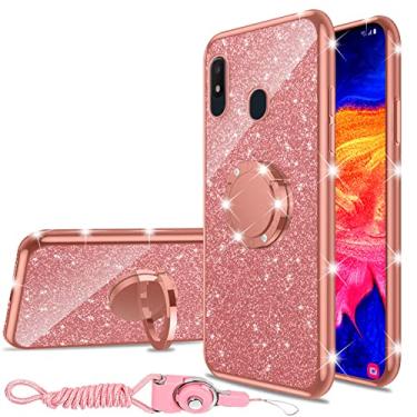 Imagem de Capa para Samsung Galaxy A10E, capa fina de silicone com glitter brilhante luxuosa para mulheres e meninas com suporte, anel de strass de diamante brilhante para Samsung A10E (ouro rosa)