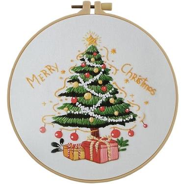 Imagem de Esffaci Kit de bordado para iniciantes adultos com padrão de árvore de Natal, conjunto de ponto cruz estampado com pano de bordado, argola, passador, fio dental e instruções (sem garantia de versão em