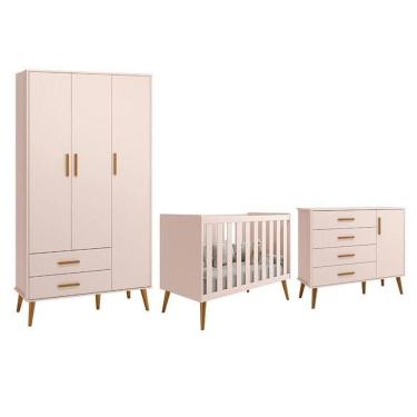 Imagem de Dormitório Infantil Isis Guarda Roupa 3 Portas, Cômoda 1 Porta E Berço Rosa - Reller Móveis Rosa