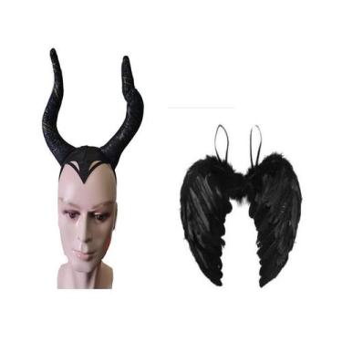 Imagem de Kit Fantasia p/ festa Chifre e Asa preta penas artificiais - Lynx prod