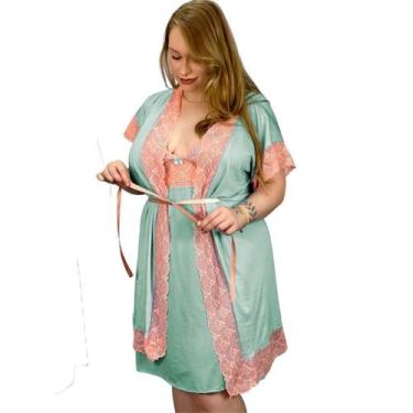 Imagem de Robe Feminino Plus Size Roupão Hobby Renda Kimono Roupa de Dormir e Ba