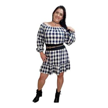 Imagem de Vestido Curto Ombro a Ombro Manga Longa Xadrez Outono Inverno - Dineia