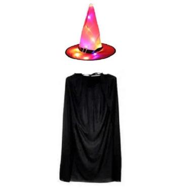 Imagem de Fantasia Bruxo Bruxa Mago C/ Chapéu Led Laranja e Capa Preta - CM Pres