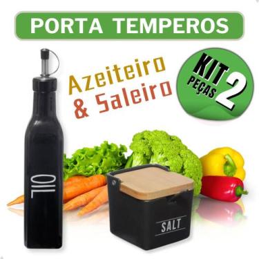 Imagem de Azeiteiro de Vidro Preto Brilhante e Saleiro de Porcelana Preta com Ta
