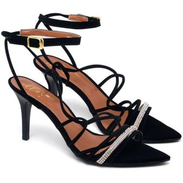 Imagem de Sandália Salto Médio Bico Folha Nobuck Preto Tira Strass - Ellas Onlin