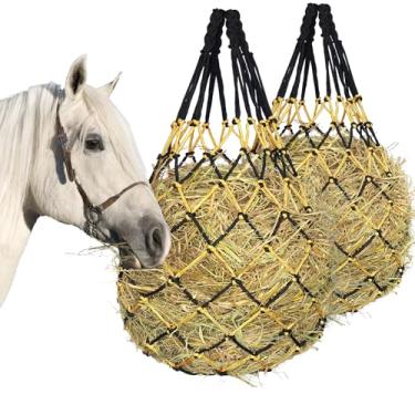 Imagem de MIYABALA 2 peças de rede de feno para cavalos, bolsa de feno de alimentação lenta para cavalos, cabras, ovelhas, bolsa de alimentador de feno para cavalos, estábulo, brinquedo de descanso de paddock
