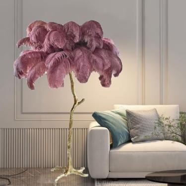Imagem de Candeeiros de chão românticos candeeiros de mesa para sala de estar quarto decoração natural de penas de avestruz luminária de pé simples moderna luz de leitura regulável com interruptor de pé