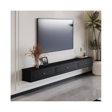 Imagem de Armário de TV Suporte de TV flutuante, elegante centro de entretenimento montado na parede vintage com armazenamento, console de TV flutuante com 1 armário e 2 gavetas Armário de mídia(Preto,220x24x20