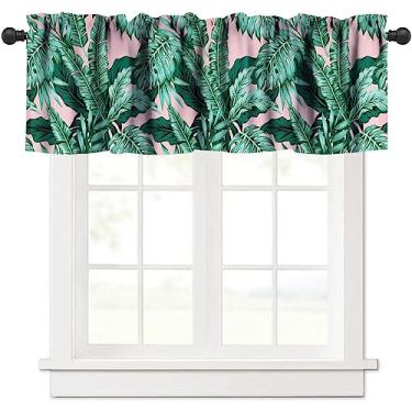 Imagem de Cortinas de folhas de palmeira com tema de folhas de bananeira, verde, rosa, cortina curta para cozinha, quarto, banheiro, decoração com bolso para haste, um painel 137 x 45 cm
