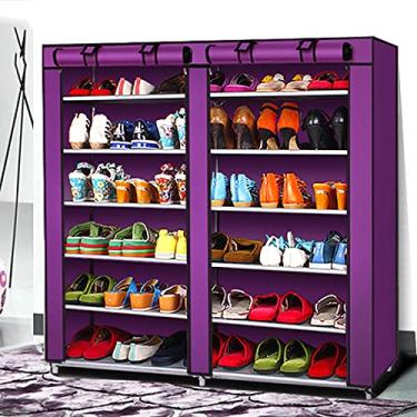 Imagem de Sapateira com capa de tecido não tecido à prova de poeira, organizador de armazenamento de sapatos de 6 níveis, prateleiras de torre, suporte de sapato para entrada cáqui (roxo)