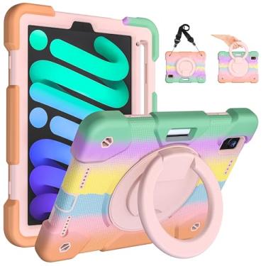 Imagem de Andnary Capa para iPad mini 7 A17 Pro/2021 Mini 6 de 8,3 polegadas 2024 com suporte de lápis embutido/suporte giratório de 360°, capa à prova de quedas para iPad mini 7ª/6ª geração 21.1 cm, rosa