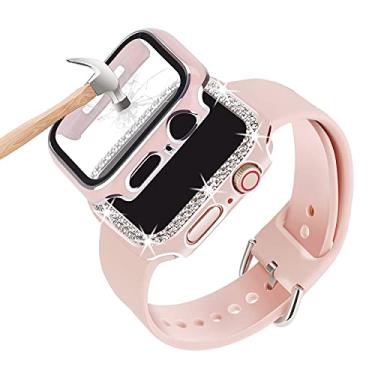 Imagem de Pacote com 3 pulseiras compatíveis com Apple Watch de 38 mm, 40 mm, 42 mm, 44 mm, pulseira feminina de silicone macia ajustável com capa de diamante e capa protetora de tela de vidro para iWatch Series SE 6 5 4 3 2 1 (rosa)