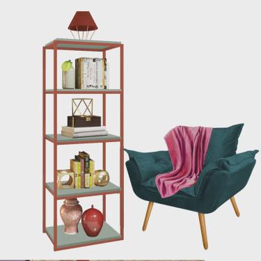 Imagem de Kit Poltrona Fatte com Manta Soft e Estante Livreiro Ferro Bronze mdf Verde Oliva Suede Azul Turquesa - Ahazzo Móveis