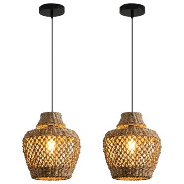 Imagem de Teru Ji Kaikang Luminárias Pendentes De Vime, Luminária Pendente De Vime Estilo Boho De 11,02", Pacote Com 2 Lustres De Junco Marinho Trançados À Mão Para Sala De Jantar, Sala De Estar, Quarto, Cozi