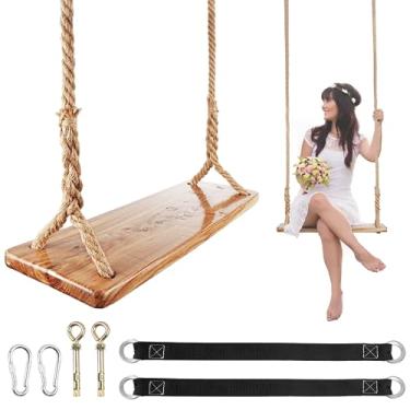 Imagem de Wooden Tree Swing,Wooden Swing for Adults/Kids with 500lbs Load Capacity Waterproof Wooden Swing Seat Adjustable Hemp Rope Plus Tree Straps 100 inch for Indoor,Backyard,Garden,Playground