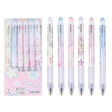 Imagem de MOZXIRZ 6 canetas retráteis de tinta de gel apagável de 0,5 mm, tinta azul para escritório, escola, estética fofa para mulheres e meninas (estrelas de tinta azul)