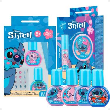 Imagem de Kit Impala Stitch Completo com 10 itens: 6 Esmaltes, Lixa, Adesivo, Paleta e Brilho Labial
