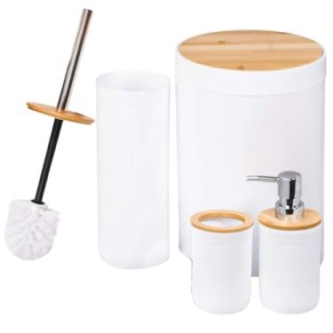 Imagem de Kit Banheiro Conjunto 6/4 / 2 Peças Completo Lixeira Tampa Basculante Bambu Lavabo Escova Sanitária (4 peças Redondo Branco)