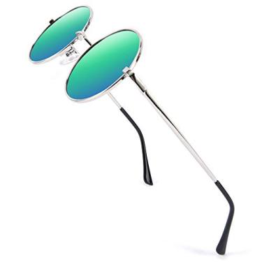 Imagem de FEISEDY Óculos de sol Steampunk retrô redondo polarizado feminino masculino B2528, Lentes espelhadas verdes com armação prateada 007, 47mm