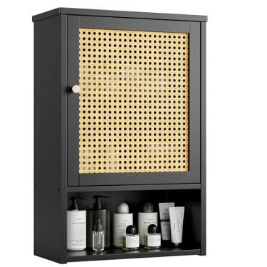 Imagem de vovala Armário de parede de banheiro, organizador de bambu sobre o vaso sanitário com portas de vime e prateleira ajustável, armário de remédios com economia de espaço para lavanderia, cozinha, sala