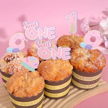 Imagem de 16 Pcs Sweet One Cupcake Topper - Donut First Birthday Cupcake Toppers, 1St Birthday Party Decoration Cake Supplies, Berry First Decor, Sweet Party Girl 1st Birthday Ice Cream Donut Candy