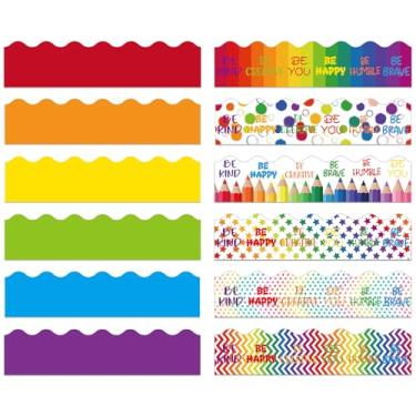 Imagem de Geyee 240 peças de bordas de quadro de avisos de 72 metros colorido arco-íris recortado decoração de boletim a granel para sala de aula decoração de volta às aulas (brilhante)