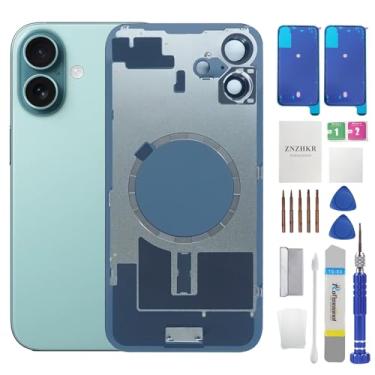 Imagem de ZNZHKR Substituição de vidro traseiro 16 Plus com moldura de câmera de metal e ímã para iPhone 16 Plus (azul-petróleo de 6,7 polegadas) e inclui ferramentas de substituição