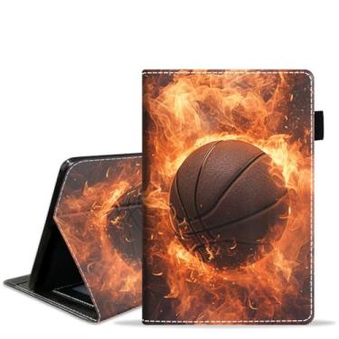 Imagem de FQTBCEARI Capa para tablet Amazon Kindle Fire HD 10 (10,1 polegadas, 9ª/7ª geração, versão 2019/2017), capa fina de couro PU com slot para cartão e despertar/hibernar automaticamente, basquete aceso