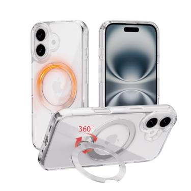 Imagem de MEIMIOU Capa transparente para iPhone 16 com suporte magnético de rotação de 360°, compatível com MagSafe, capa protetora rígida fina de grau militar e suporte de anel de CD, 6,1 polegadas