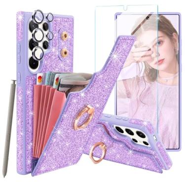 Imagem de Casewind Capa carteira para Galaxy S24 Ultra, com [protetor de tela + protetor de lente da câmera] 5 porta-cartões com anel de rotação de 360° com suporte para mulheres e meninas, capa flip de couro