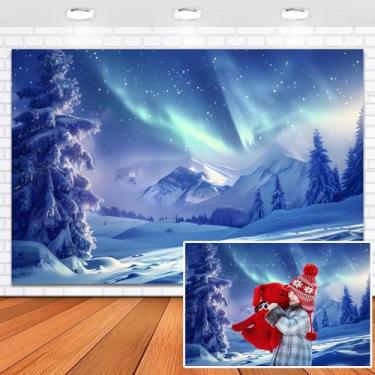 Imagem de Leowefowa Cenário de paisagem de montanha de neve de inverno, 3 x 2,4 m, Natal, pólo norte, aurora, pinho nevado, árvore de Natal, decoração de festa floresta, adereços de vinil